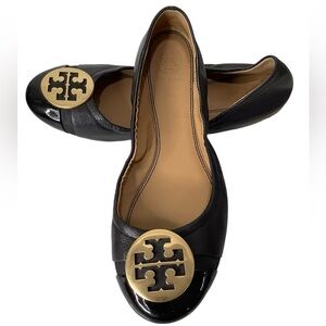 Tory Burch Black Patent Cap Toe Leather Flats Gold Logo